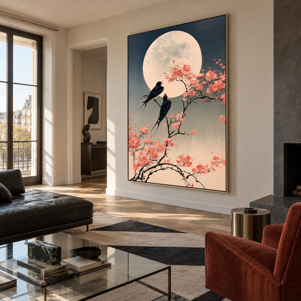 Swallows Beneath Blossom Moon - oblique view - expressive contemporary art painting