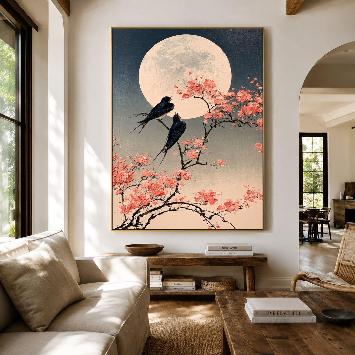 Swallows Beneath Blossom Moon - interior setting 3 - expressive contemporary art painting
