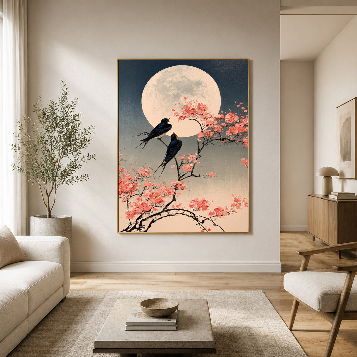 Swallows Beneath Blossom Moon - interior setting 4 - expressive contemporary art painting