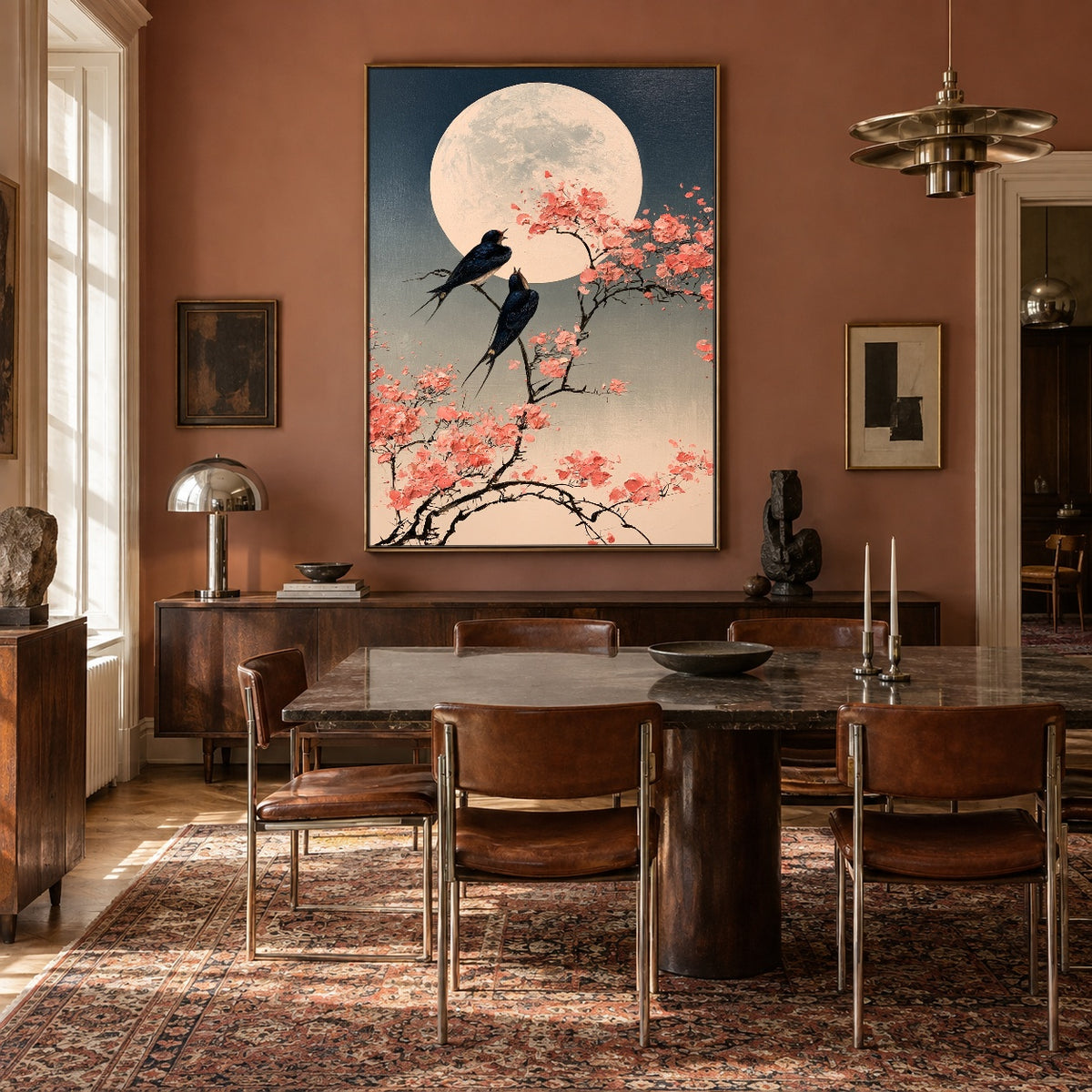 Swallows Beneath Blossom Moon - interior setting 5 - expressive contemporary art painting