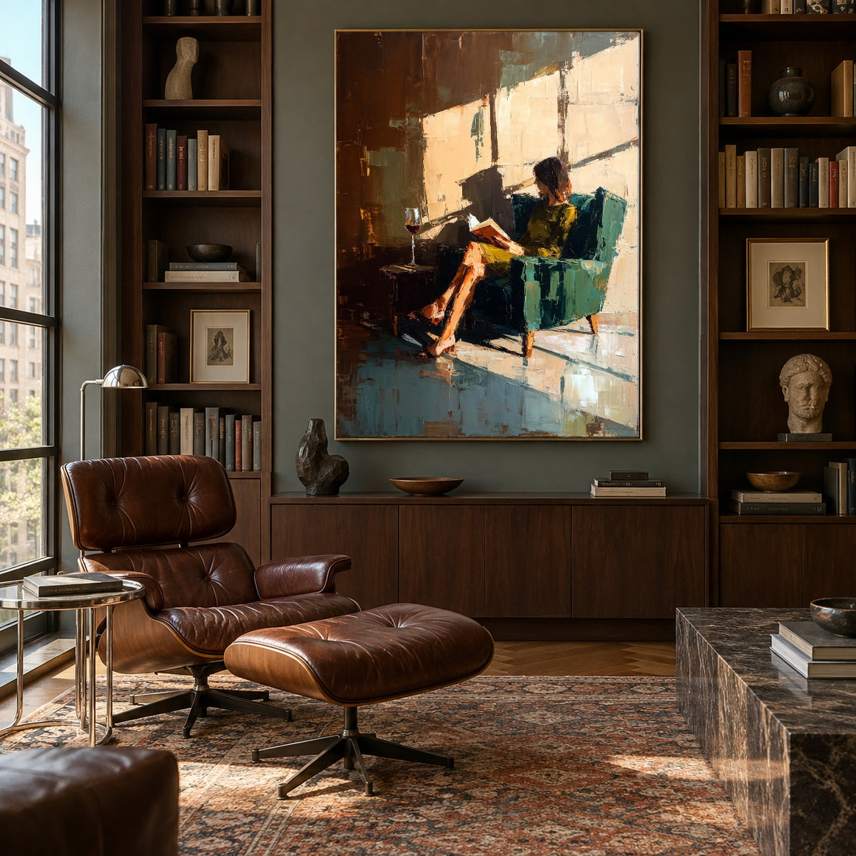 The Afternoon Stays Open - front-view living-room hero - expressive contemporary art painting