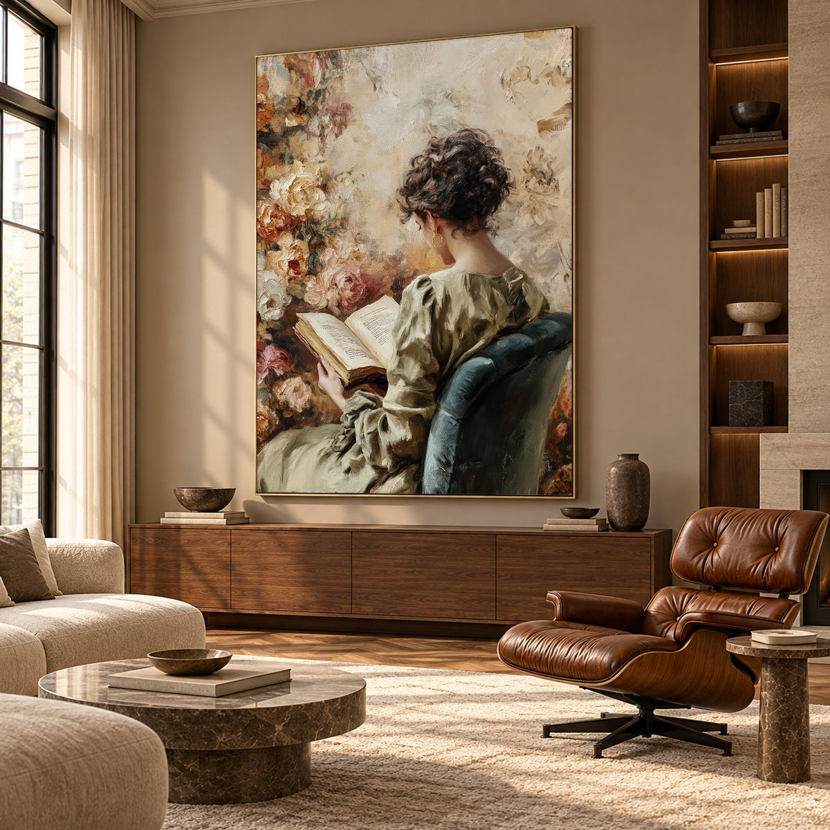 The Book and Blossoms - front-view living-room hero - expressive contemporary art painting