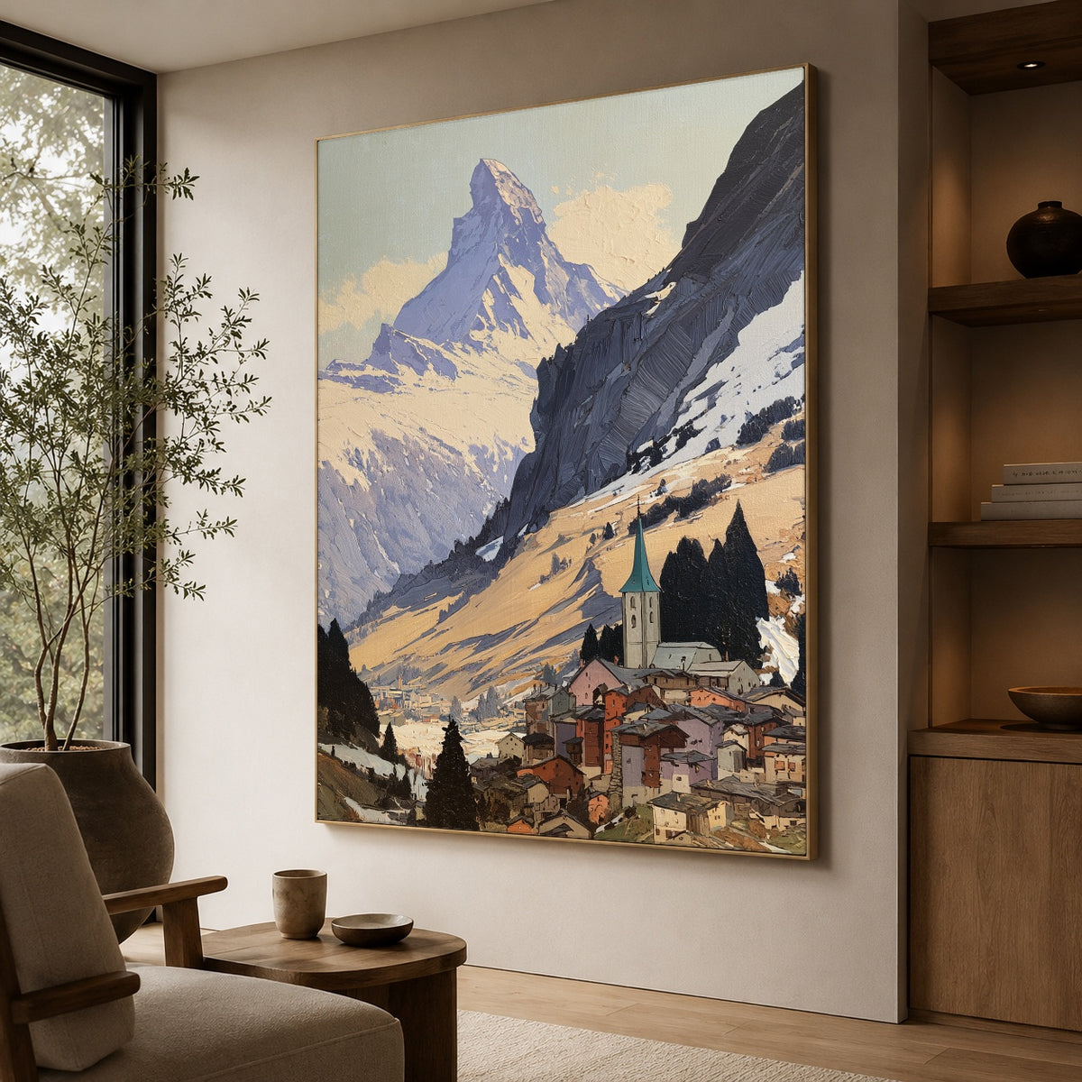 Village Beneath the Summit - oblique view - expressive contemporary art painting