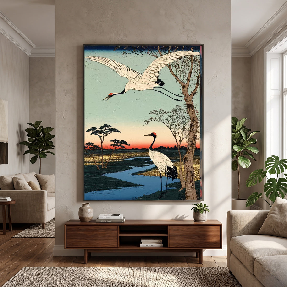 Where Cranes Follow Water - front-view living-room hero - expressive contemporary art painting