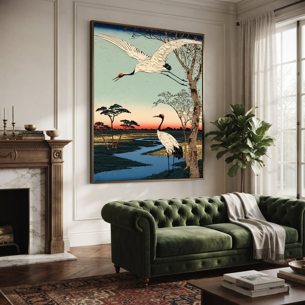 Where Cranes Follow Water - oblique view - expressive contemporary art painting