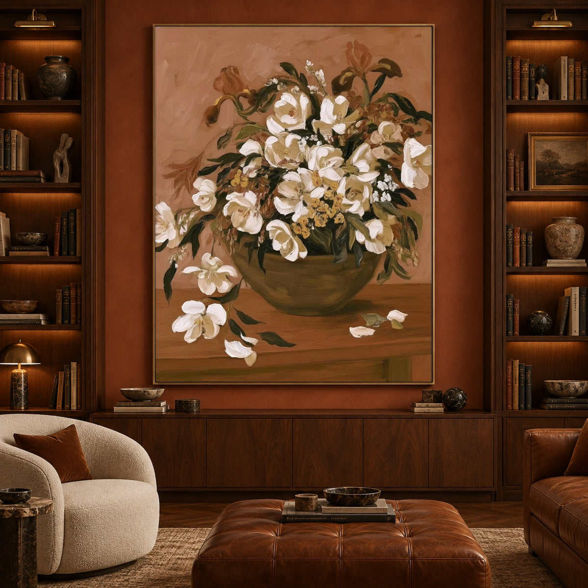 White Blossoms Gathered - front-view living-room hero - expressive contemporary art painting