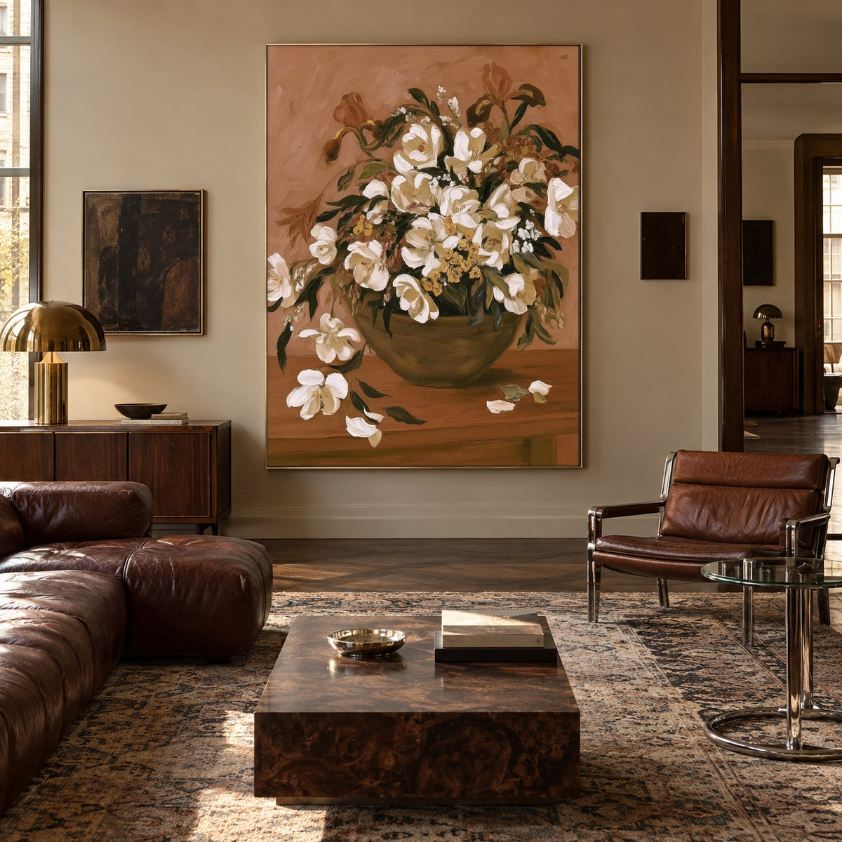 White Blossoms Gathered - interior setting 3 - expressive contemporary art painting