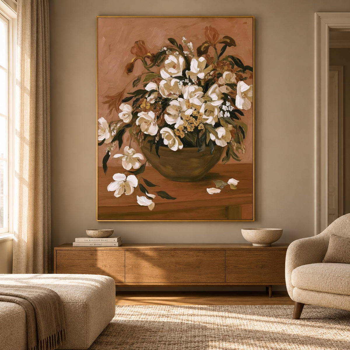 White Blossoms Gathered - interior setting 4 - expressive contemporary art painting