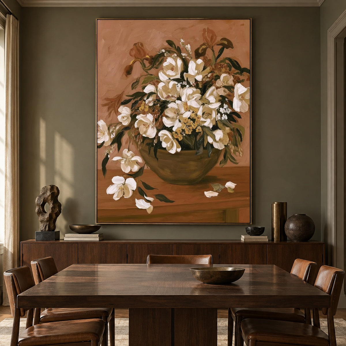 White Blossoms Gathered - interior setting 5 - expressive contemporary art painting