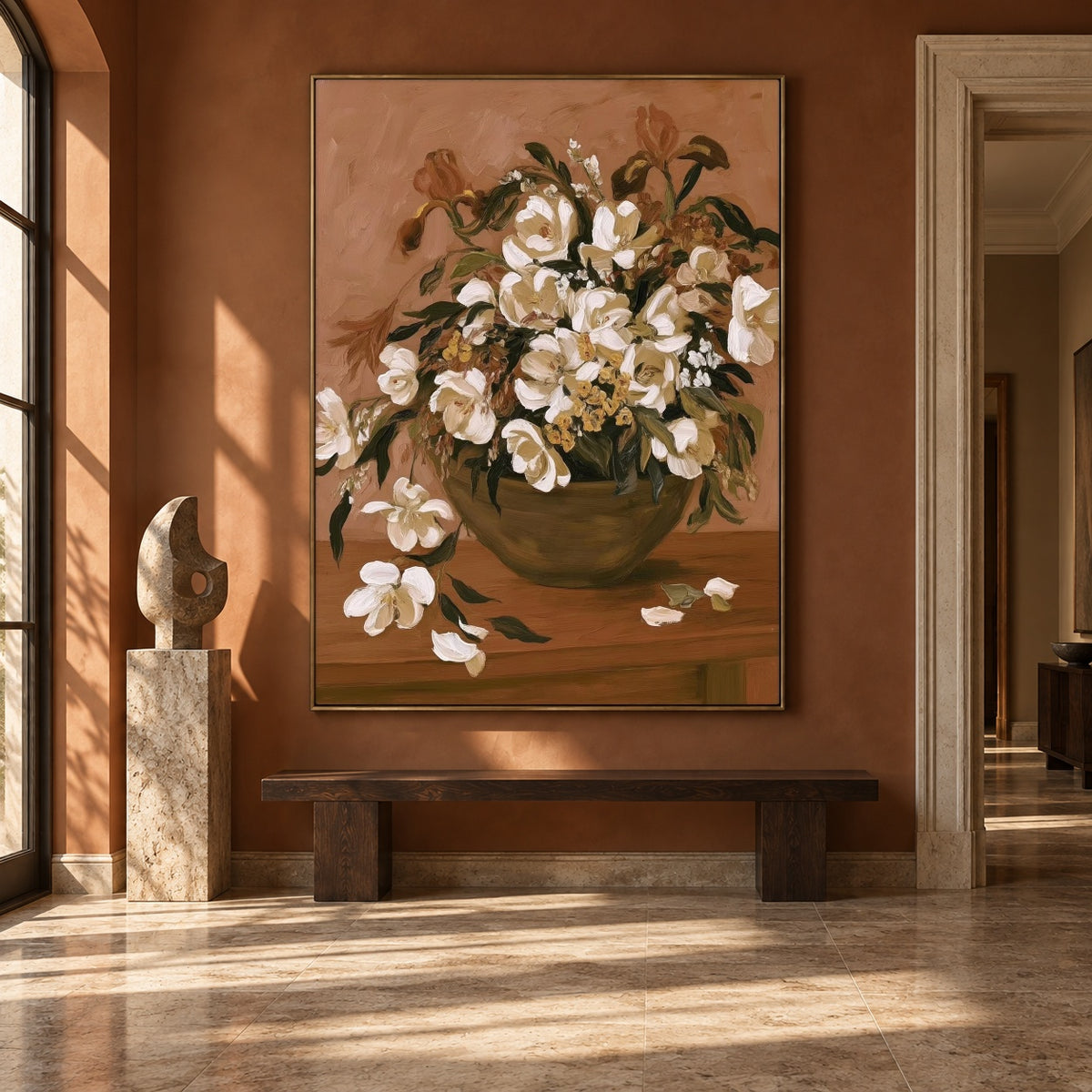 White Blossoms Gathered - interior setting 7 - expressive contemporary art painting