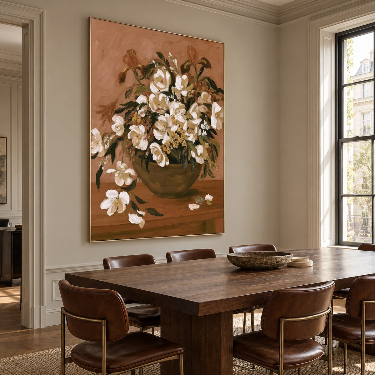 White Blossoms Gathered - interior setting 8 - expressive contemporary art painting