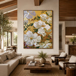White Petals Golden Ground - front-view living-room hero - expressive contemporary art painting