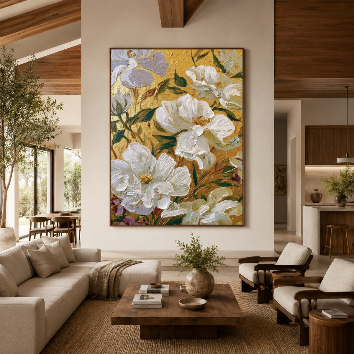 White Petals Golden Ground - front-view living-room hero - expressive contemporary art painting