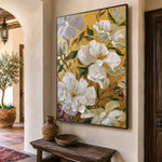 White Petals Golden Ground - oblique view - expressive contemporary art painting