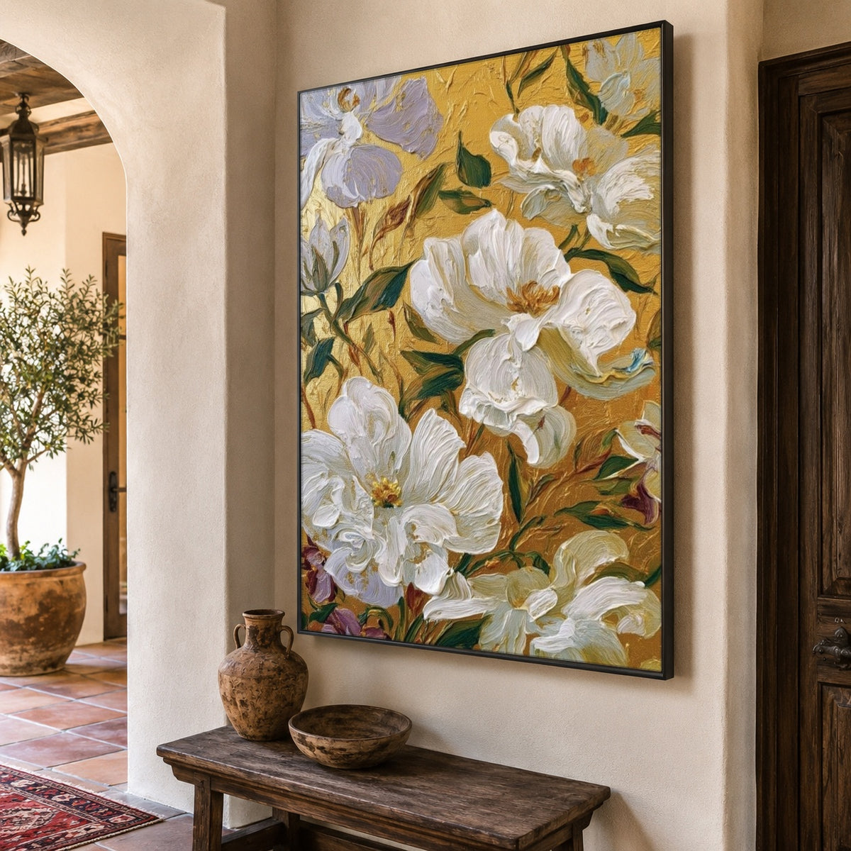 White Petals Golden Ground - oblique view - expressive contemporary art painting