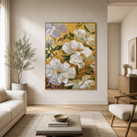 White Petals Golden Ground - interior setting 3 - expressive contemporary art painting