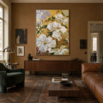 White Petals Golden Ground - interior setting 4 - expressive contemporary art painting