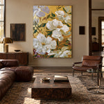 White Petals Golden Ground - interior setting 5 - expressive contemporary art painting