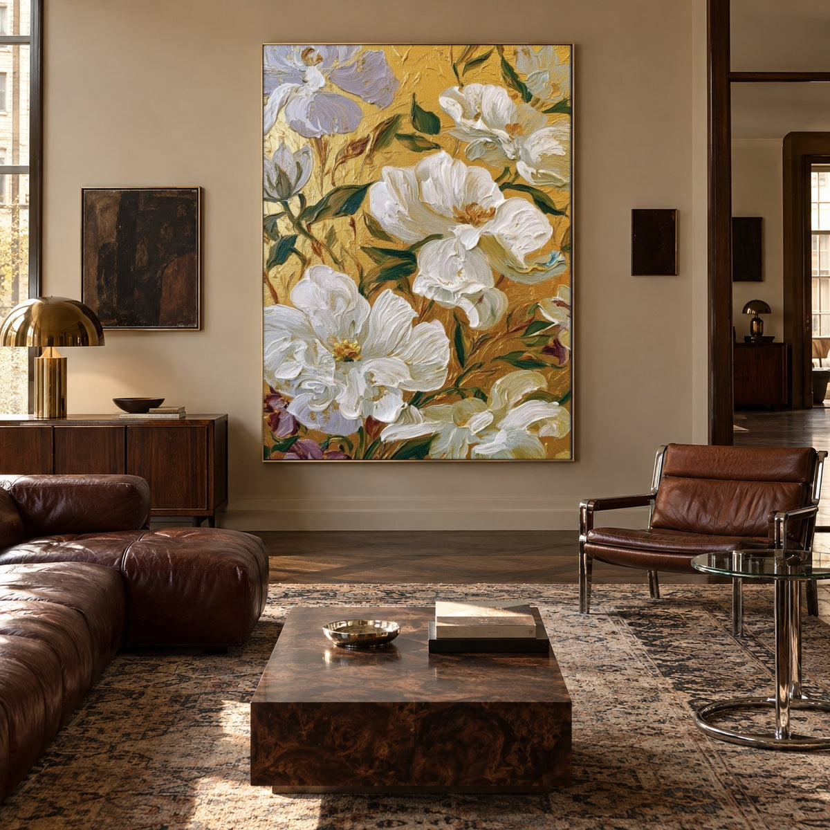 White Petals Golden Ground - interior setting 5 - expressive contemporary art painting