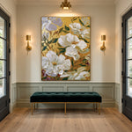 White Petals Golden Ground - interior setting 6 - expressive contemporary art painting