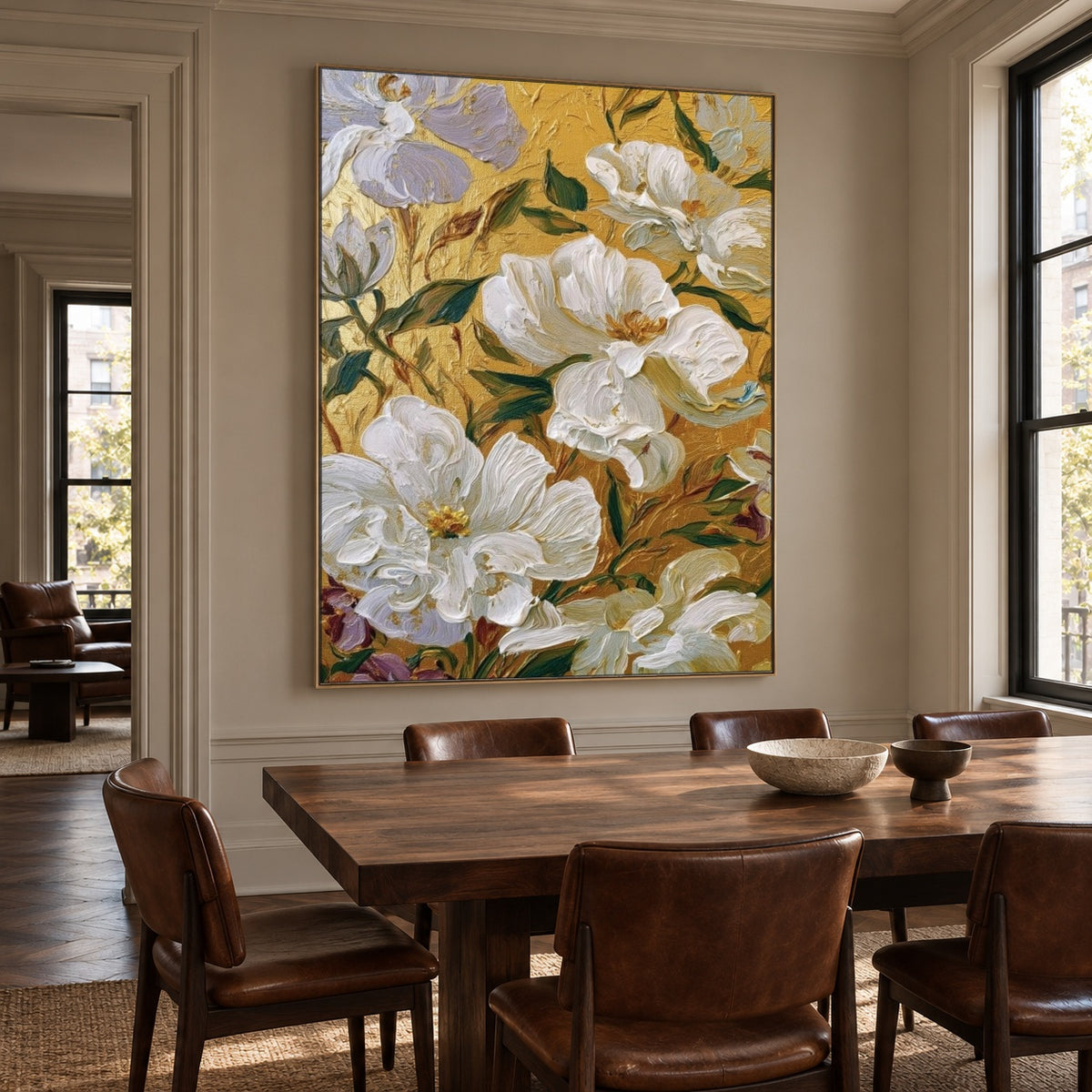 White Petals Golden Ground - interior setting 7 - expressive contemporary art painting