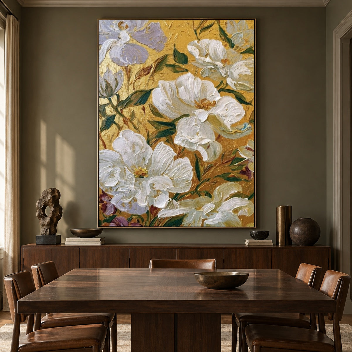 White Petals Golden Ground - interior setting 8 - expressive contemporary art painting
