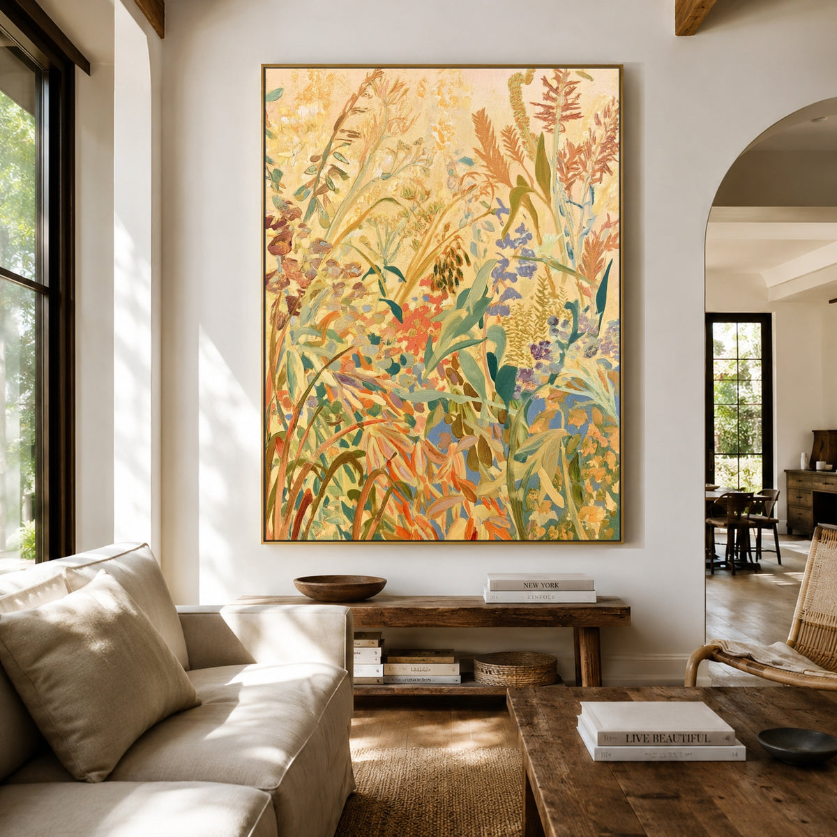Wild Stems Golden Morning - front-view living-room hero - expressive contemporary art painting
