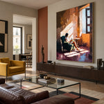 Windowlit Reading Hour - oblique view - expressive contemporary art painting