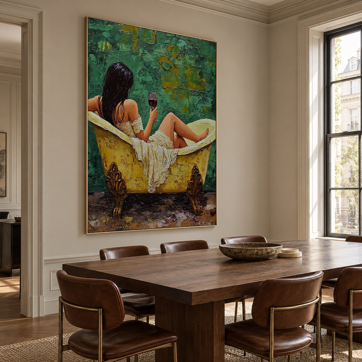 Wine in Emerald Water - oblique view - expressive contemporary art painting