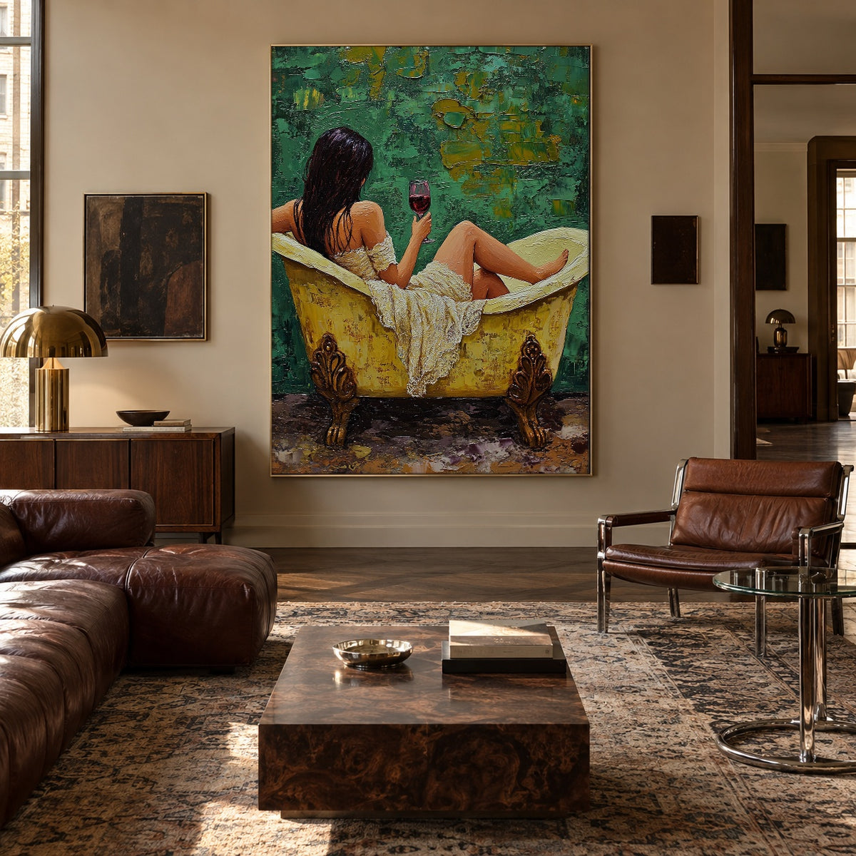 Wine in Emerald Water - interior setting 3 - expressive contemporary art painting