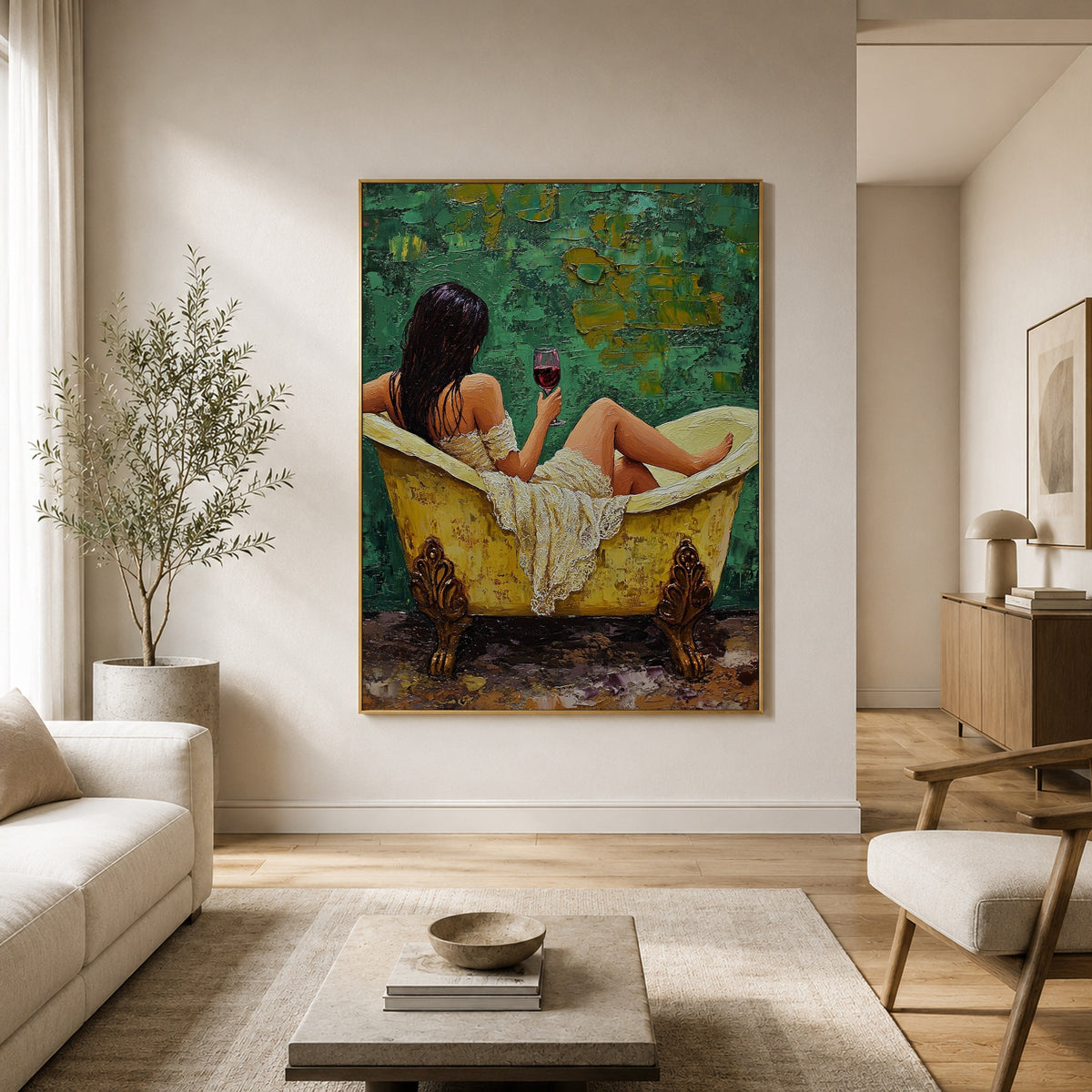 Wine in Emerald Water - interior setting 5 - expressive contemporary art painting