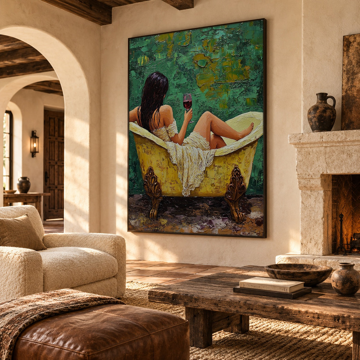 Wine in Emerald Water - interior setting 7 - expressive contemporary art painting