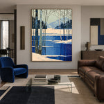 Winter Birches Cobalt Shore - front-view living-room hero - expressive contemporary art painting