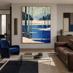 Winter Birches Cobalt Shore - front-view living-room hero - expressive contemporary art painting