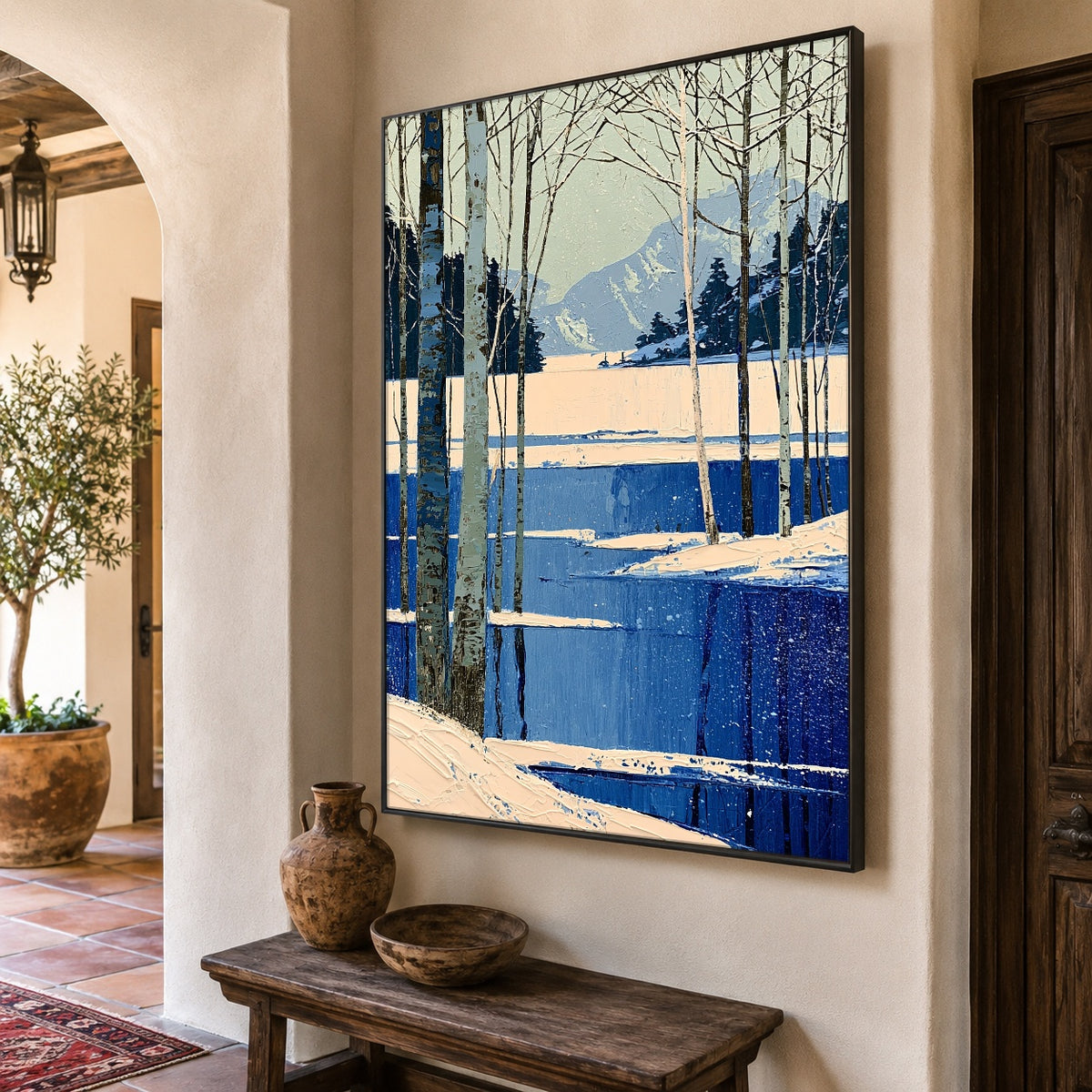 Winter Birches Cobalt Shore - oblique view - expressive contemporary art painting