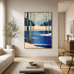 Winter Birches Cobalt Shore - interior setting 3 - expressive contemporary art painting