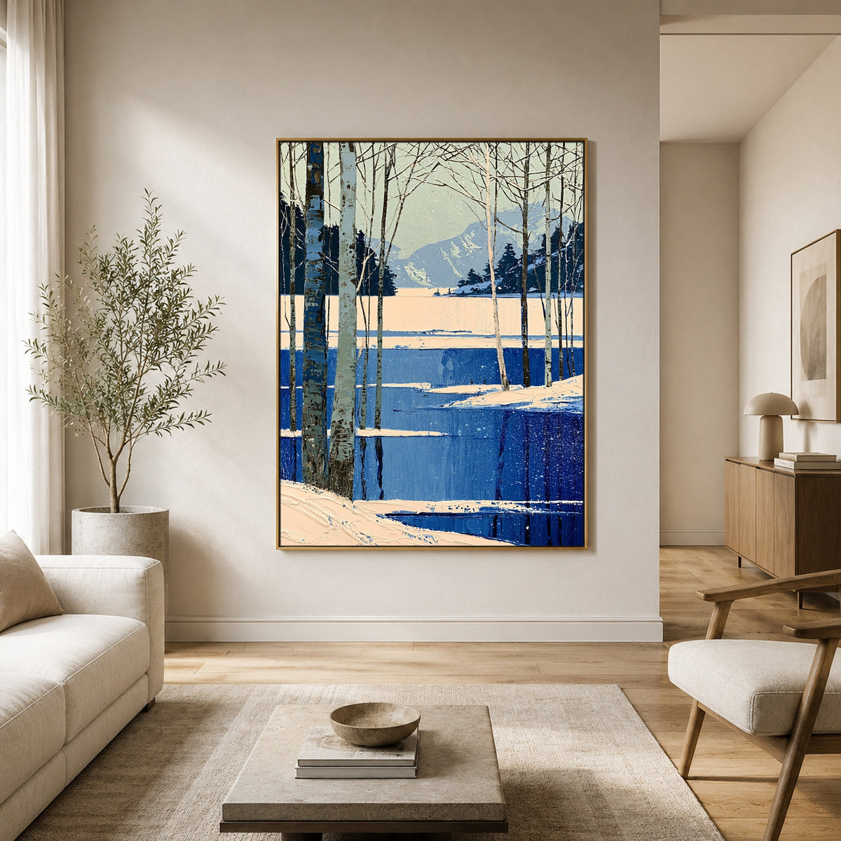 Winter Birches Cobalt Shore - interior setting 3 - expressive contemporary art painting