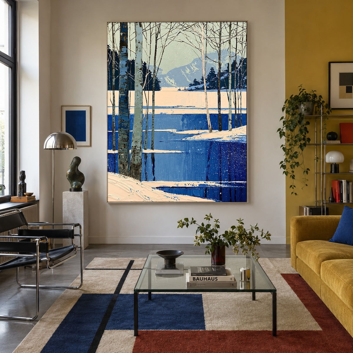 Winter Birches Cobalt Shore - interior setting 4 - expressive contemporary art painting