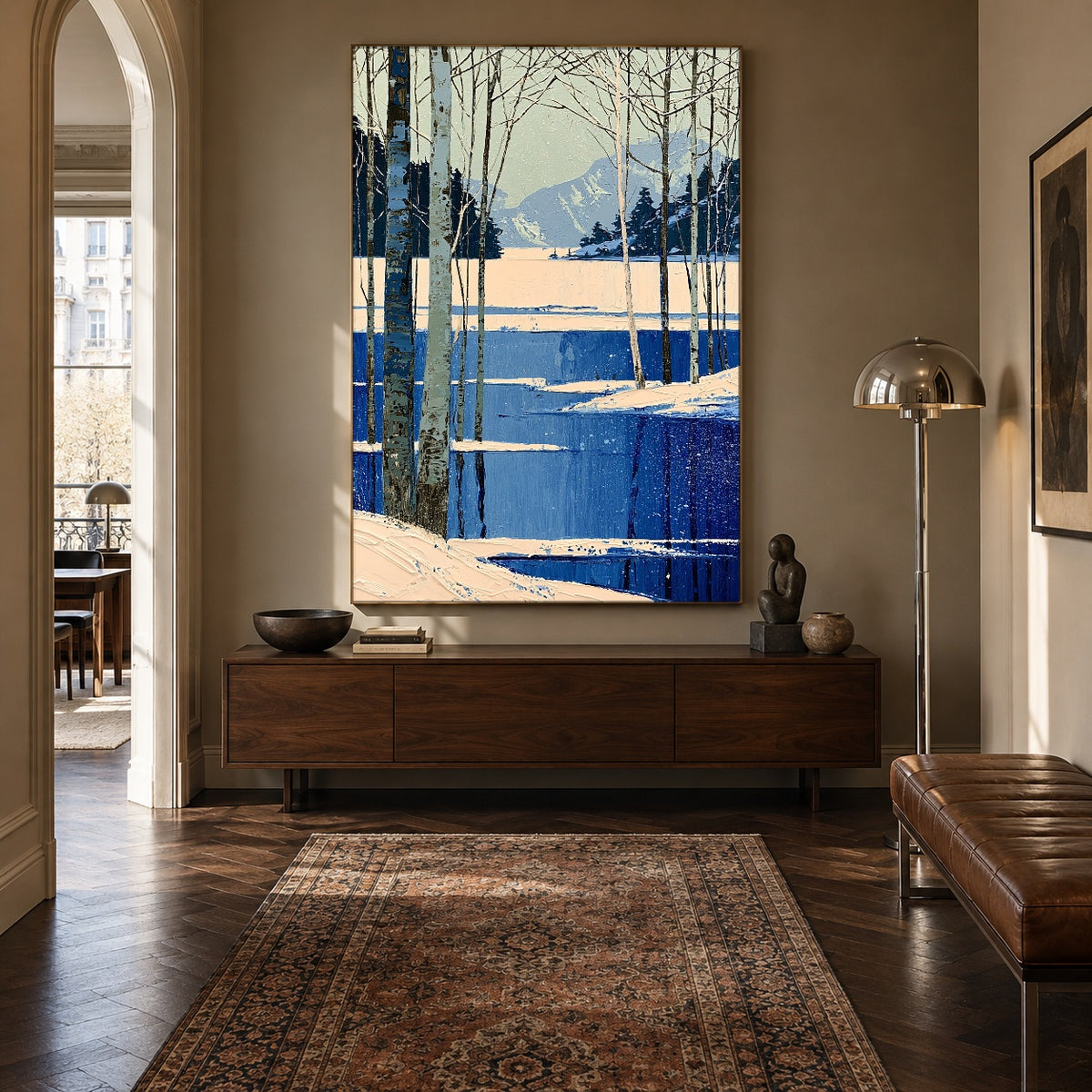 Winter Birches Cobalt Shore - interior setting 5 - expressive contemporary art painting