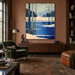 Winter Birches Cobalt Shore - interior setting 7 - expressive contemporary art painting