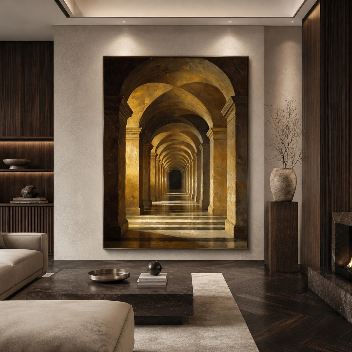 Golden Arcades - living room hero - textured impasto artwork