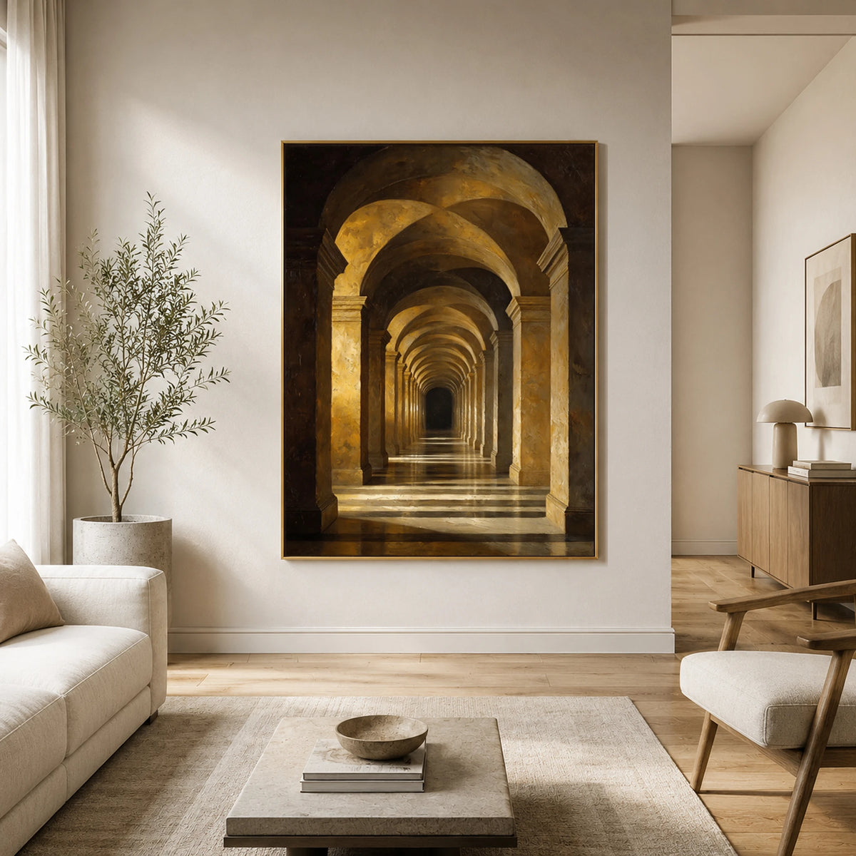 Golden Arcades - sunlit living room - textured impasto artwork