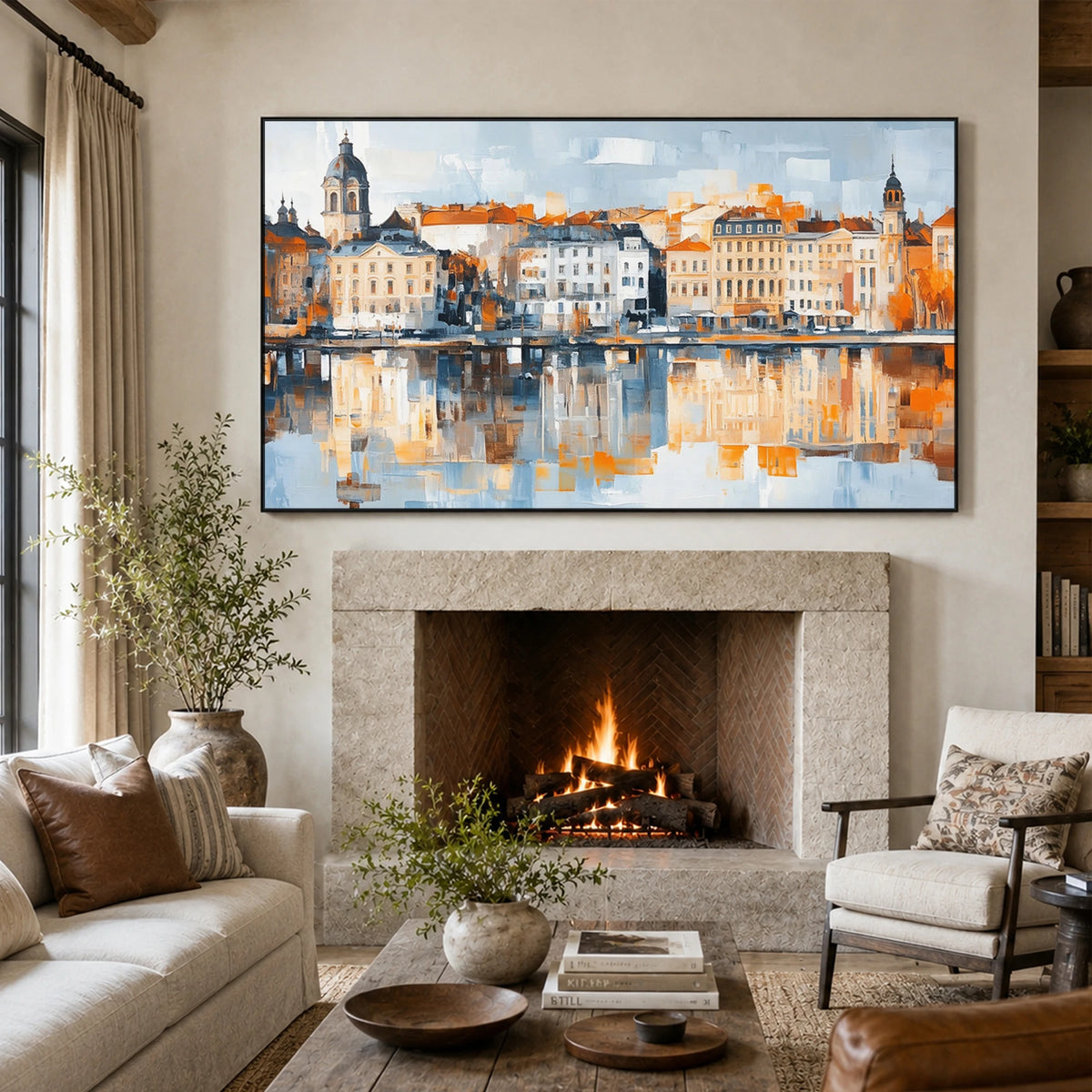 Harbor in Harmony - fireplace lounge - textured impasto artwork