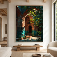 Hidden Courtyard Glow - living room hero - textured impasto artwork