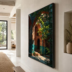 Hidden Courtyard Glow - oblique side view - textured impasto artwork