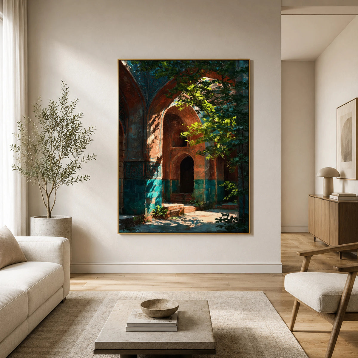 Hidden Courtyard Glow - sunlit living room - textured impasto artwork
