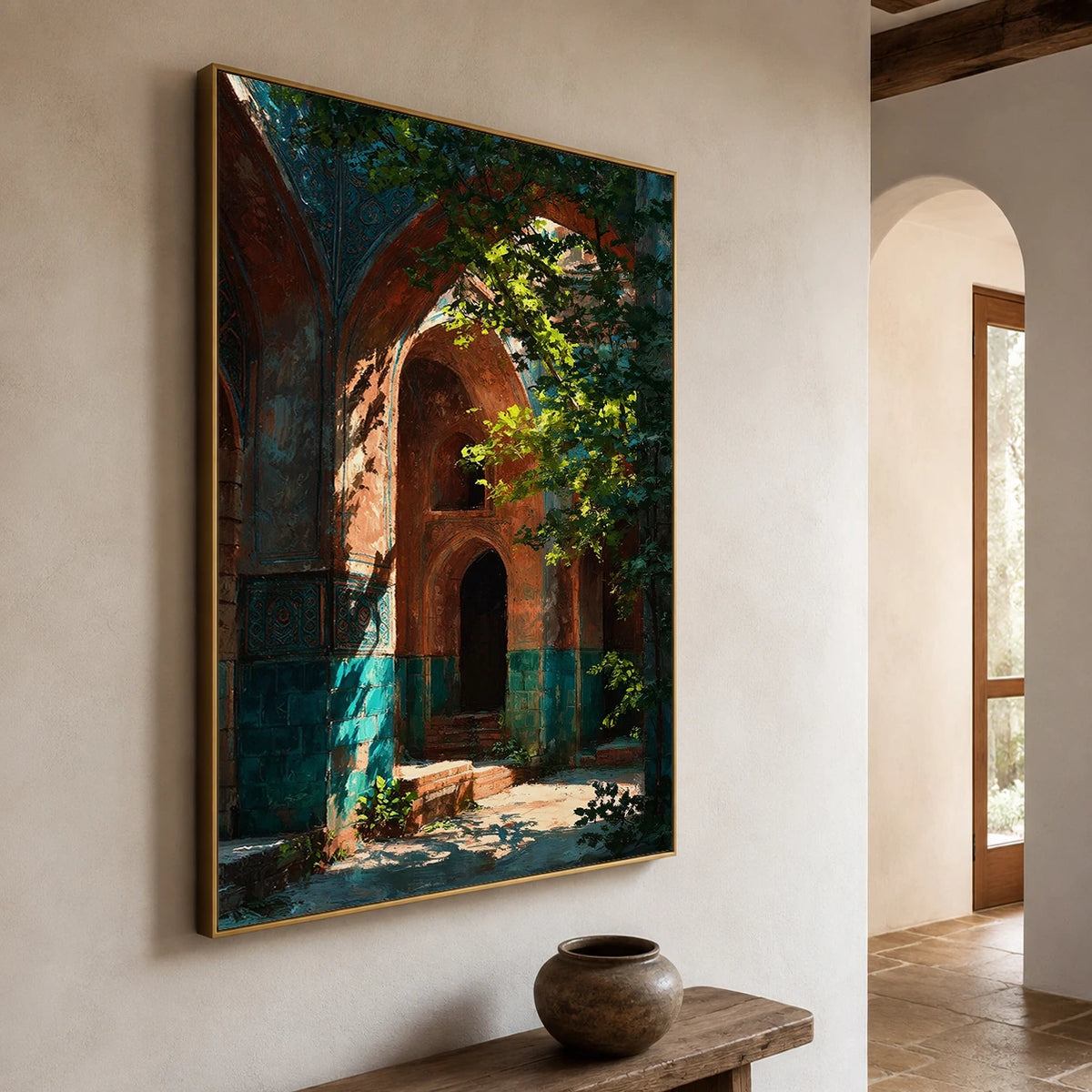 Hidden Courtyard Glow - opposite side view - textured impasto artwork