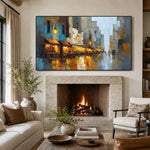 Lanternlit Reverie - fireplace lounge - textured impasto artwork