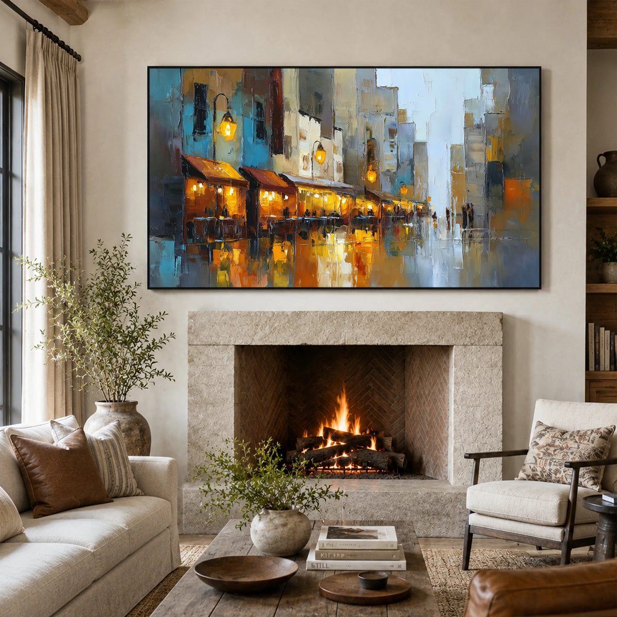 Lanternlit Reverie - fireplace lounge - textured impasto artwork