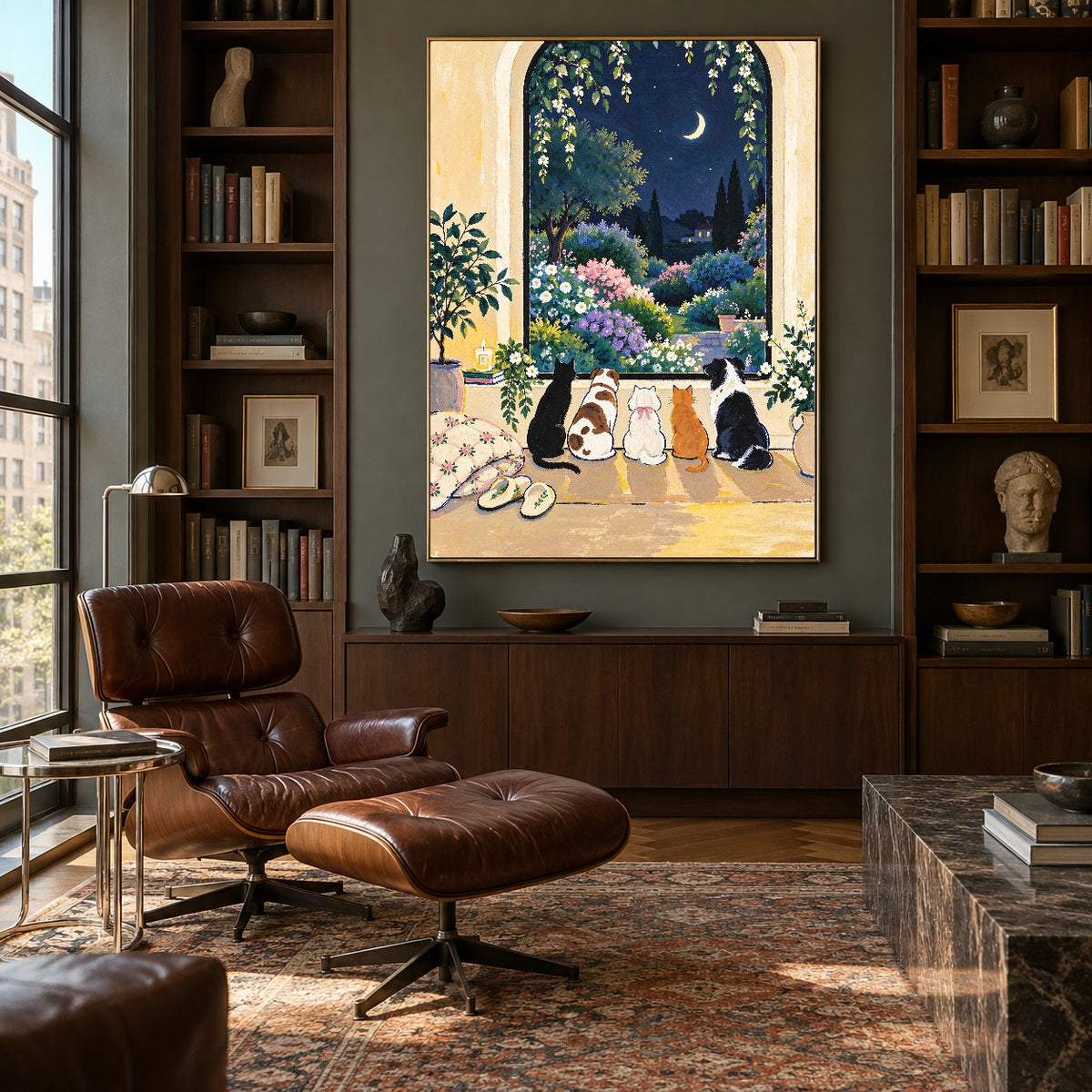 After Hours Companions - library lounge - modern folk art painting